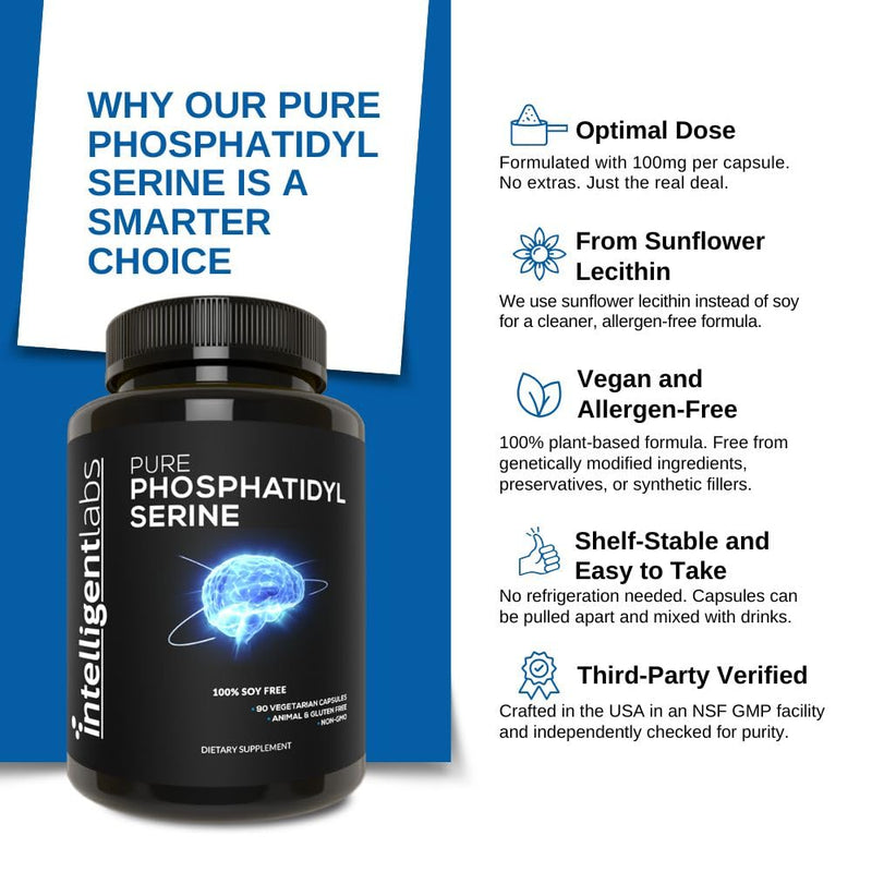 [Australia] - Intelligent Labs Phosphatidylserine Supplement 100mg, 90 High Strength Capsules, 100% Soy and Allergen-Free, Pure Phosphatidylserine from Sunflower Lecithin 