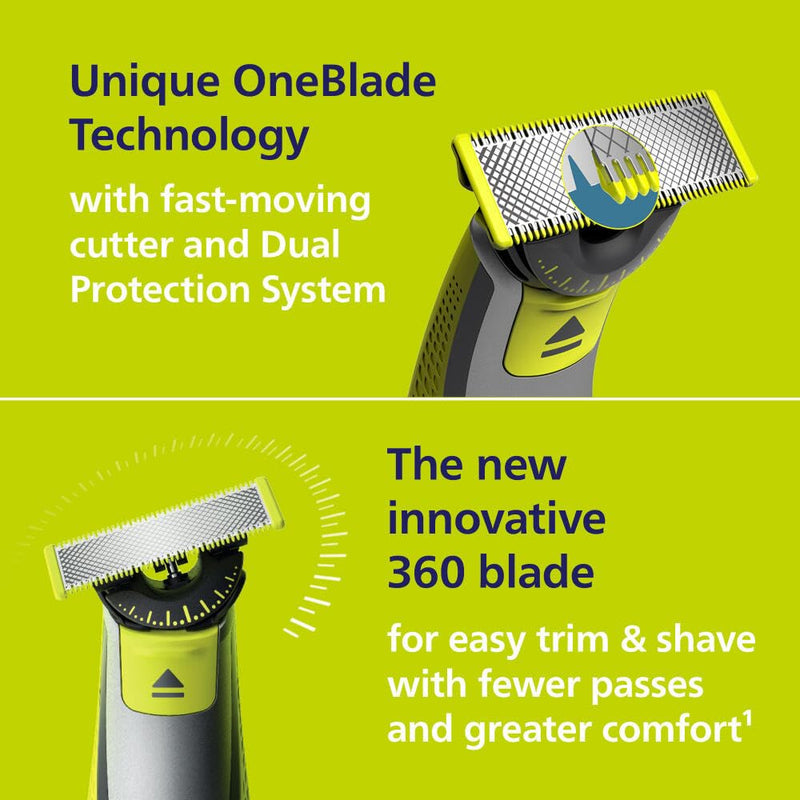 Philips Norelco OneBlade 360 Face, Hybrid Electric Beard Trimmer and Shaver with 5-in-1 Face Stubble Comb, Frustration Free Packaging, QP2724/90 Black/Lime Green, New