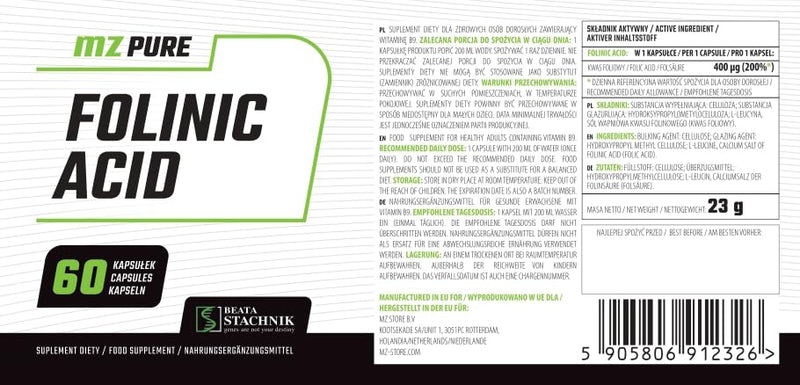 Folinic Acid - 400 mcg Vitamin B9 per Capsule – 60 Vegan Capsules - Calcium Salt Form - Supports Homocysteine Metabolism, Immune Function & Energy - Clean, Filler-Free Formula - by MZ