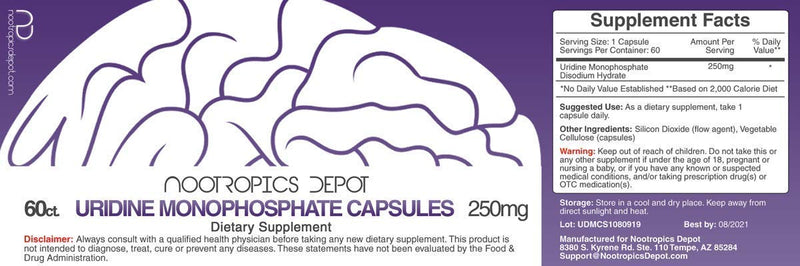 [Australia] - Nootropics Depot Uridine Monophosphate Capsules | Disodium Salt (60 Count) Cognitive Enhancer* | Nootropic | Choline Precursor 60 Count (Pack of 1) 