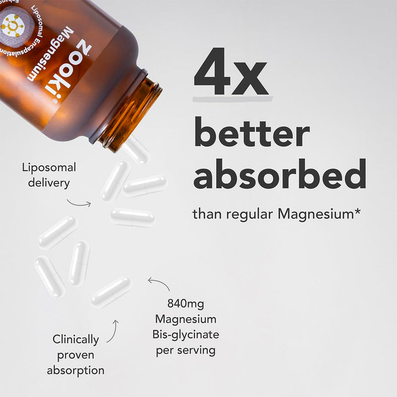 Zooki Liposomal Magnesium Bis-Glycinate 840mg Capsules, High Strength Magnesium Supplement, Sleep Muscle Relaxation Support, Magnesium Bisglycinate Capsules, Vegan Capsules (60 Capsules, 30 Servings)