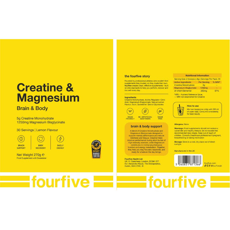 fourfive Creatine & Magnesium Powder (Creatine Monohydrate) Easy Dissolve & Vegan with Lemon Flavour, Strength Power & Recovery - 270g Pouch (30 Servings)