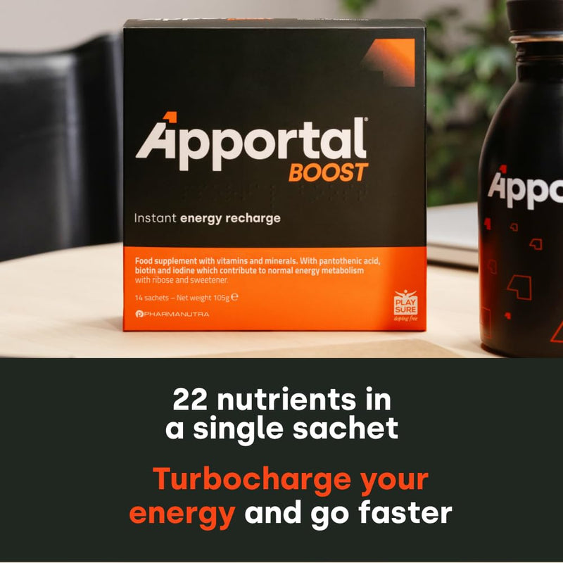 Instantly Recharges, Mental Energy and Physical, Tonic-Energy Food Supplement, 14 Sachets, Ginseng and Taurine, Minerals & Vitamins, No Caffeine, No Lactose, No Gluten, Apportal Boost, Pharmanutra
