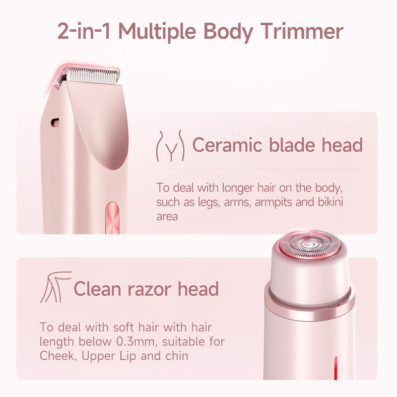 Bikini Trimmer for Women Electric Razors for Women, Double Head Dual Purpose, IPX7 Waterproof Hair Razor, Ceramic Blade Hair Trimmer Wet & Dry Use, Painless Electric Shaver for Facial and Body (Pink) Pink