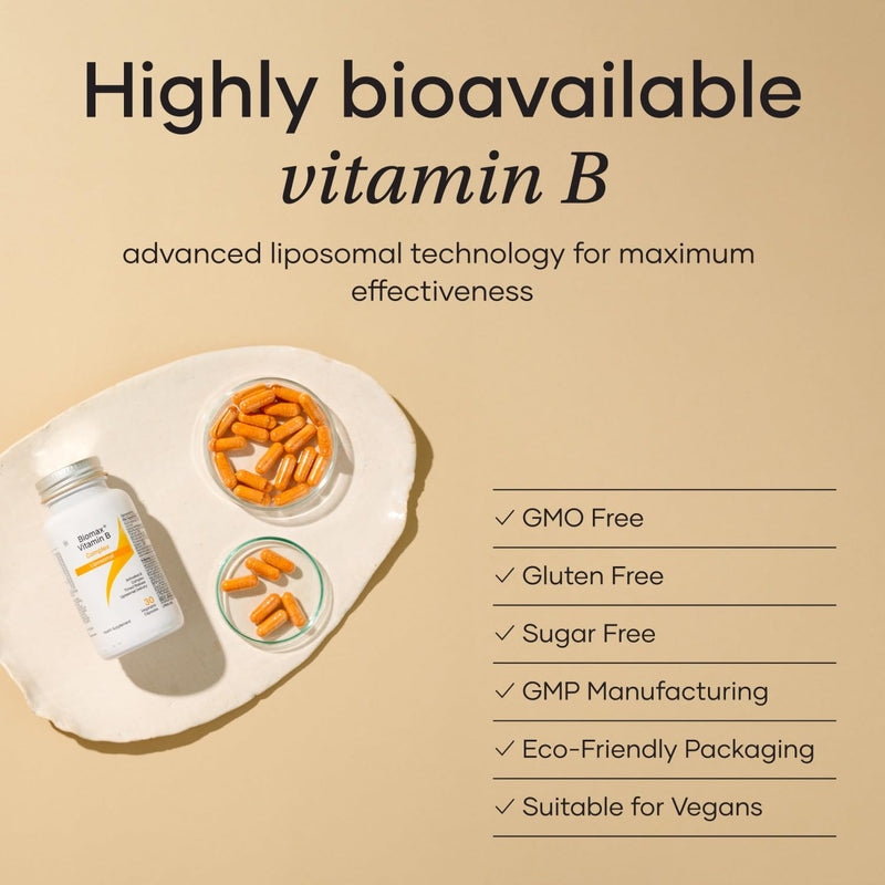 Coyne Biomax – Vitamin B Complex – High Absorption Liposomal B-Complex with Quatrefolic for Energy & Cognitive Health – Methylated Vitamin B Supplements – 30 Vegan Capsules