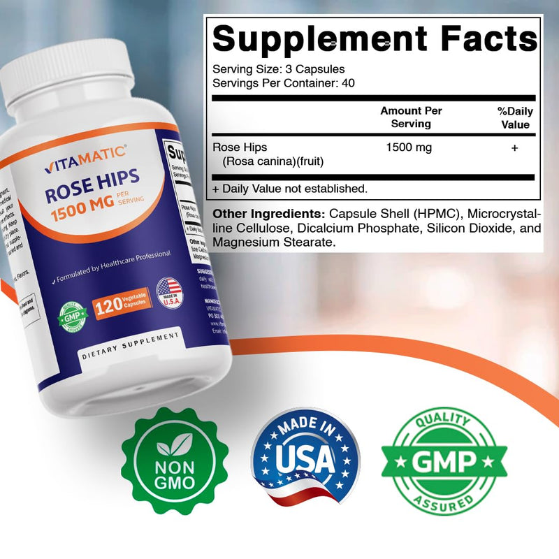 Vitamatic Rose Hips 1500 mg per Serving (Rosa Canina) – 120 Capsules – Non-GMO, Gluten Free Herbal Supplement – Rich in Natural Vitamin C & Antioxidants – Immune Support – Made in USA