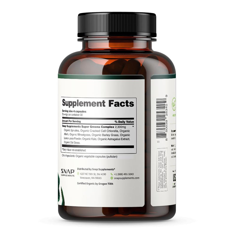 [Australia] - Snap Supplements USDA Organic Spirulina Chlorella Capsules - Green Superfoods for Natural Energy and Metabolic Health, 120 Capsules 