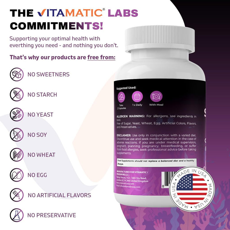 Vitamatic Sea Moss with Black Seed Oil, Ashwagandha, Turmeric, Bladderwrack & Burdock - 180 Vegan Capsules
