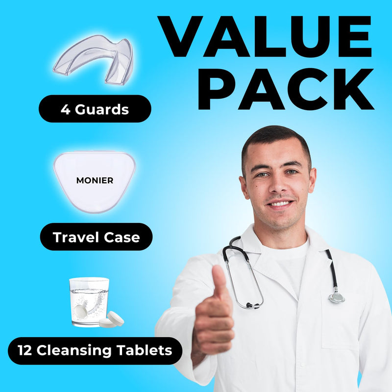 [Australia] - Mouth Guard for Grinding Teeth at Night | Dental Night Guard for Clenching & Better Sleep | 4 Moldable Mouthguards with 12 Cleansing Tablets 