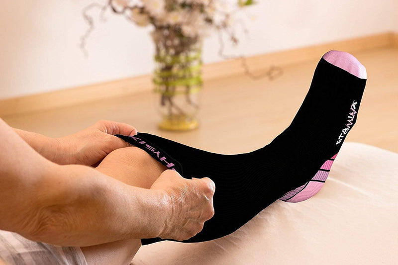 [Australia] - Physix Gear Compression Stockings Men Compression Stockings High Compression Stockings Women for Travel Airplane Pregnancy Cuff Compression Stockings Leg S-M Black/Pink 