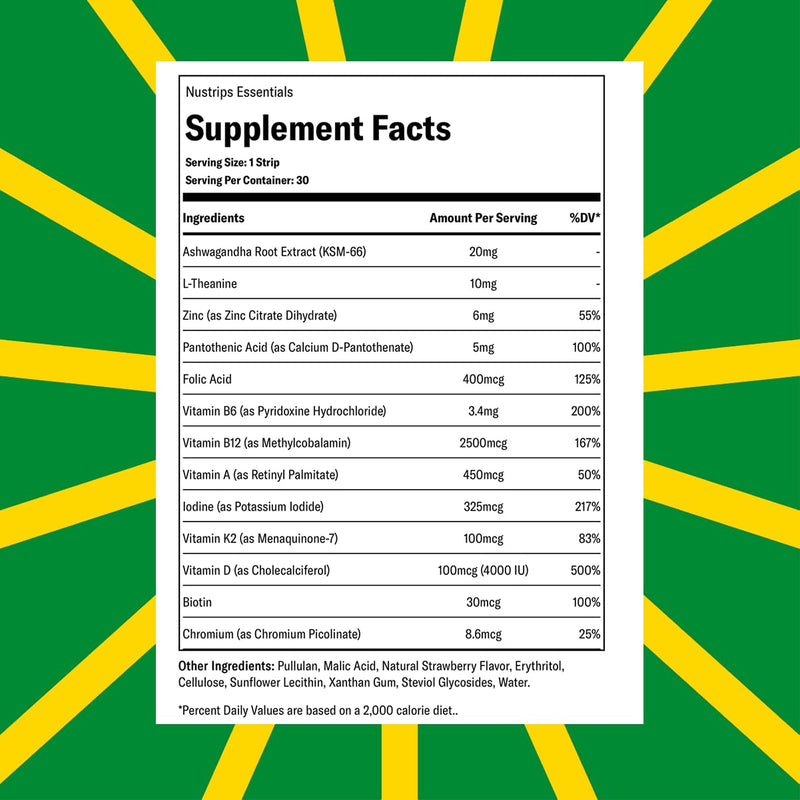 NuStrips Essentials in A Strip™, Dissolvable Strips, 30 Count, Vitamin D3, Ashwagandha, Zinc, Vegan, Green Apple Flavor, Mind, Body, Immune Support