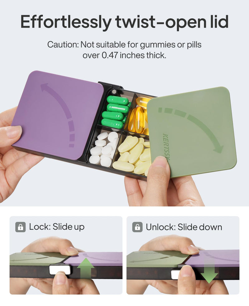 Daily Medicine Pill Organizer for Travel - Small Pill Case for Pocket with Rotating Lids, Portable Pill Box with 8 Compartments for Fish Oils, Vitamins and Supplements, Black