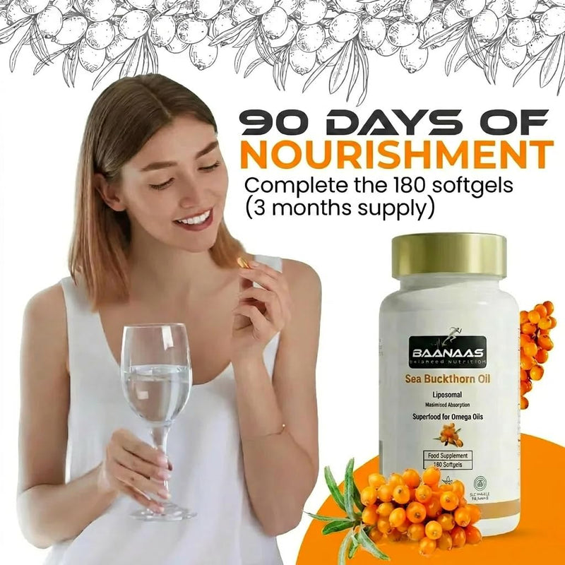LIPOSOMAL Sea Buckthorn Oil Capsules 30,000mg | 180 Count | High Strength Vegan Supplement | Source of Omega 7 Essential Fatty Acids | No Artificial Preservatives | by Baanaas