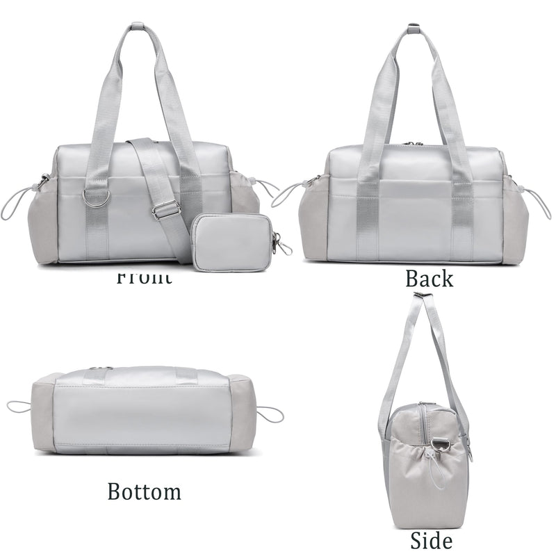 Everyday Mini Gym Bag for Women 2.0, Small Tote with Zipper Compartment Waterproof Travel Duffle Cute Handbag Workout Carry On with Removeable Shoulder Strap & Coin Wallet Easy to Clean-Silver Silver