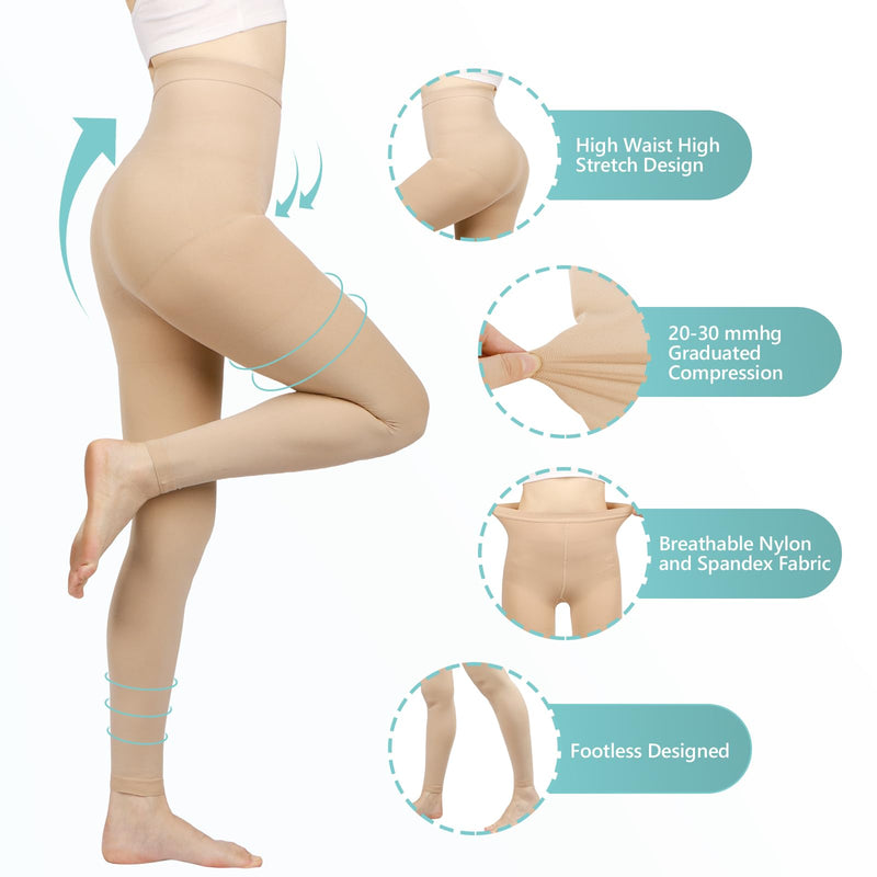 [Australia] - Compression Pantyhose for Women, 20-30 mmHg Footless Medical Compression Stockings, Waist High Opaque Graduated Support Compression Hose Tights for Edema, Varicose Veins, Swelling Beige Large 