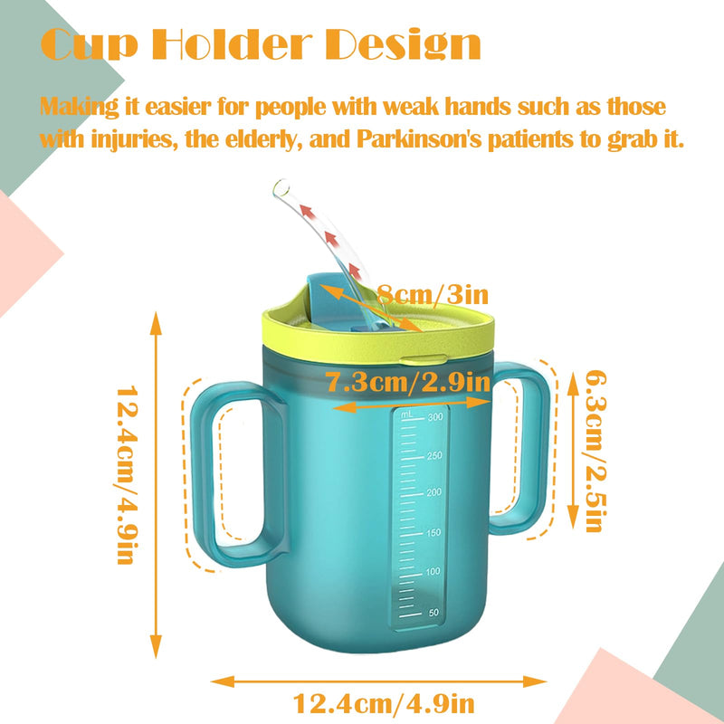 Spill Proof Sippy Cups for Seniors & Adults -10.2oz(300ml) Non-Spill Cups with 2 Handles & Straw Lid, Elderly Drinking Cups for Patients, Disabled, Pregnant Women, Dishwasher Safe (Blue)