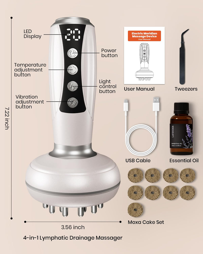 [Australia] - 4-in-1 Lymphatic Drainage Massager - Cellulite Massage Tool Helps Reduce Stretch Marks & Cellulite, Body Sculpting Machine with Light, Heat & Vibration for Legs, Arms & Belly, Includes Moxa Rolls 