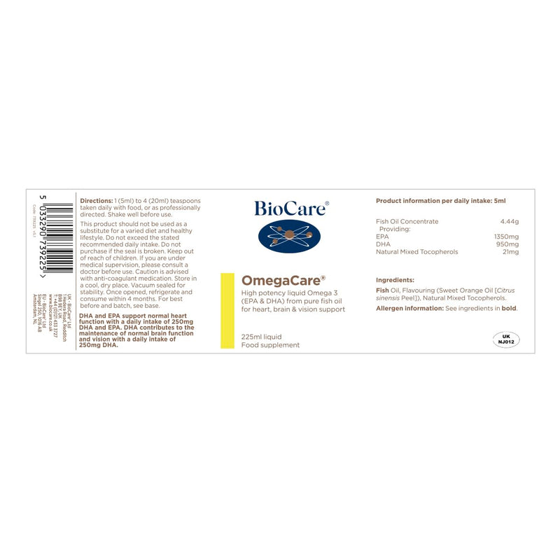 BioCare OmegaCare - Liquid Fish Oil with Sweet Orange Oil - EPA and DHA Support Normal Function of the Heart & Vision Support - Providing Optimum Levels of Essential Fatty Acids - 225 ml