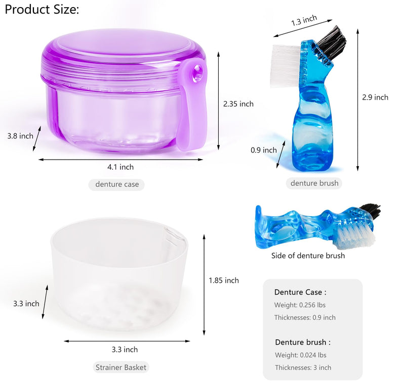 [Australia] - Leak Proof Purple Denture Cups for Soaking Dentures, Partial Denture Bath Case Travel Retainer Cleaning Container Case with Brush for Aligner, Denture, Mouth Guard Transparent Purple 