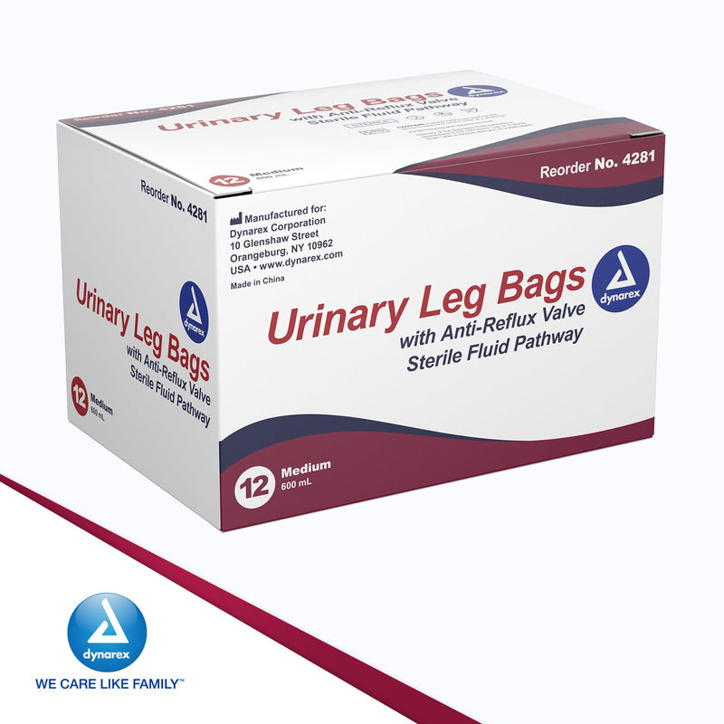 [Australia] - Dynarex Urinary Leg Bag, for Use with Catheter, has a Non-Drip Closure & Anti-Reflux Valve, 600 ml/20 oz Capacity, Medium, White, 1 Box of 12 Leg Bags 