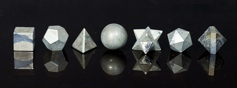 Crocon Golden Pyrite 7 Pcs Crystals Geometry Set Platonic Solids Stone | chakra Sacred Geometric Stones for Meditation Reiki Balancing Healing Chakra Stone Cleansing Spiritual Good Luck (15-20 mm) Set of 7