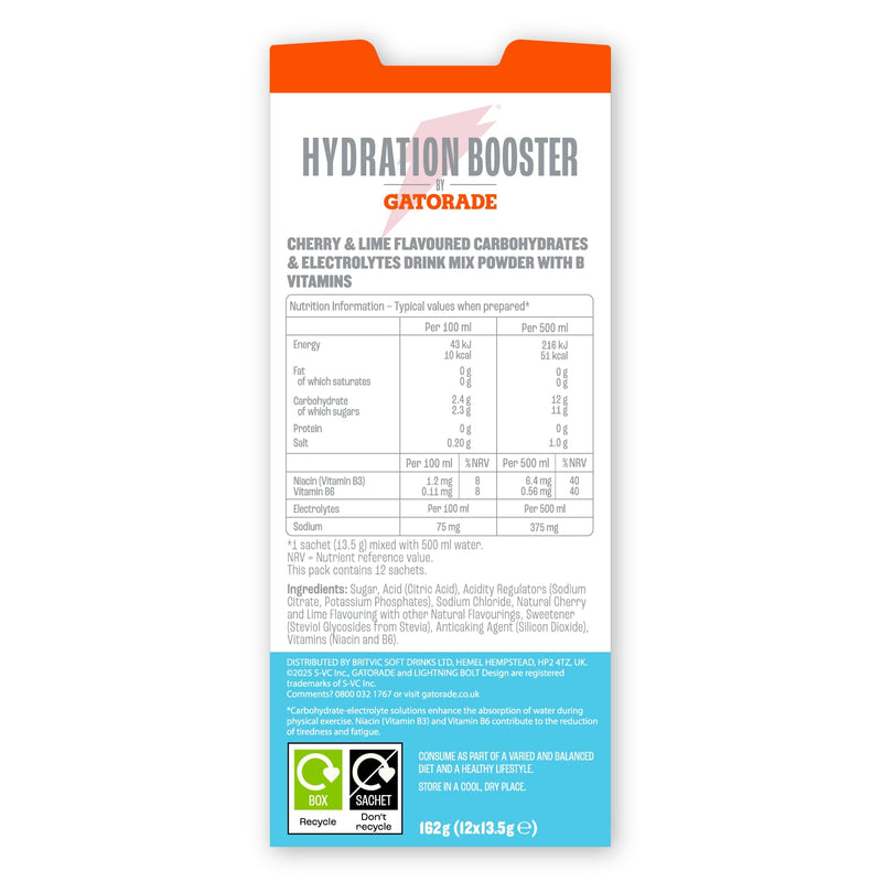 Hydration Booster by Gatorade Carbohydrate-Electrolyte Sachets - Hydration Powder Drink Mix with Carbohydrates, Electrolytes and B Vitamins (Cherry Lime, 12 Servings) Cherry Lime