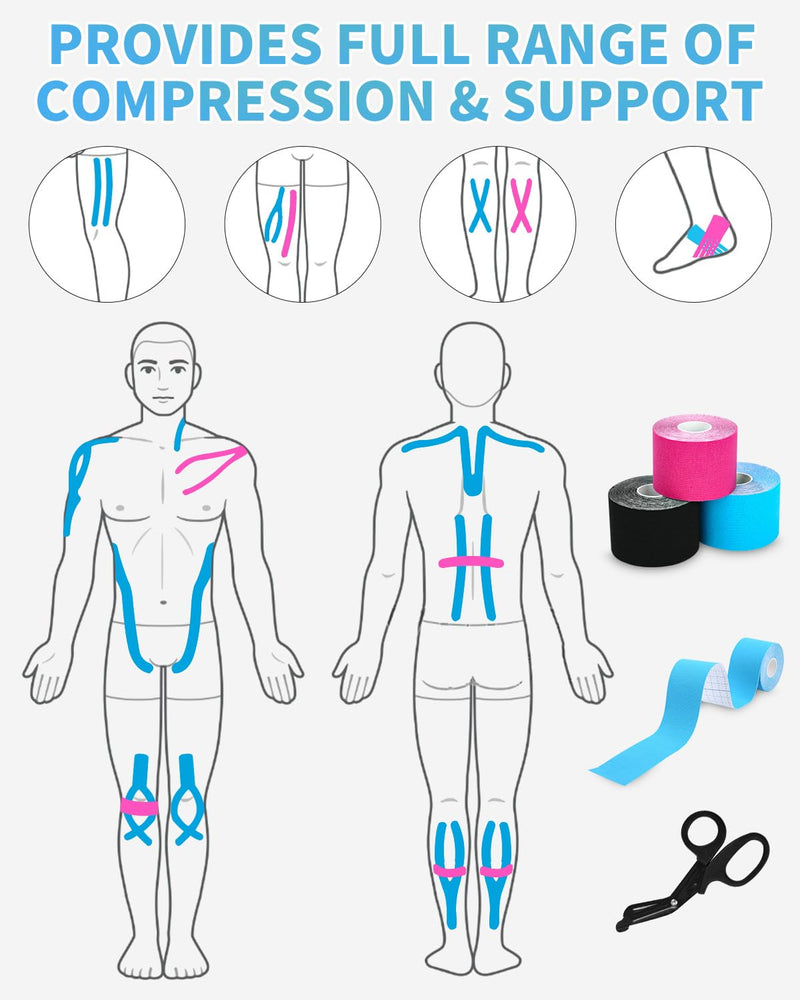 [Australia] - TIDEVAN 3 rolls of sports tape (5m x 5cm) kinesiology tape, physio tape, sports tape set, waterproof and skin-friendly kinesiology tape with special scissors, for knee pain, elbows and shoulders, black + pink + blue 