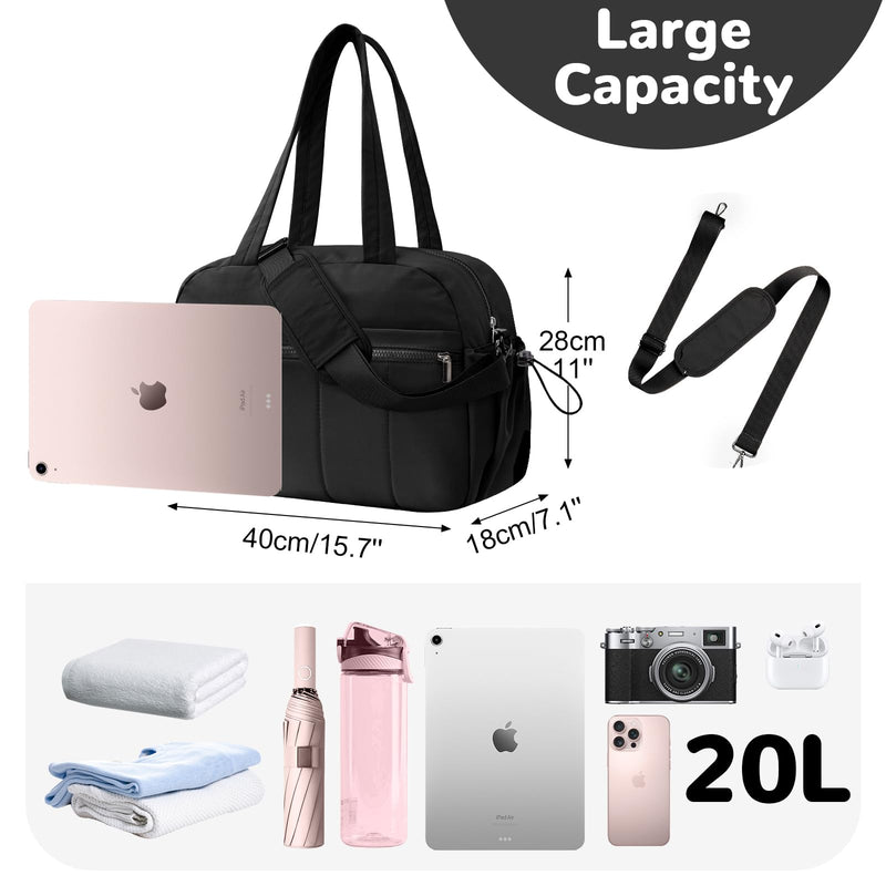Small Gym Bag for Women, 20L Personal Item Travel Duffle Bag, Black | with Wet Pocket, Water Resistant, Lightweight, Puffer, Quiled, Airplane Friendly Carry on, for Overnight Weekender Sports