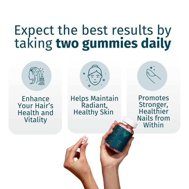 WEEM Hair Skin and Nails Gummies - Supports Healthy Hair - Vegan biotin Vitamins for Women & Men Supports Faster Hair Growth, Stronger Nails, Healthy Skin, Extra Strength (1) 1