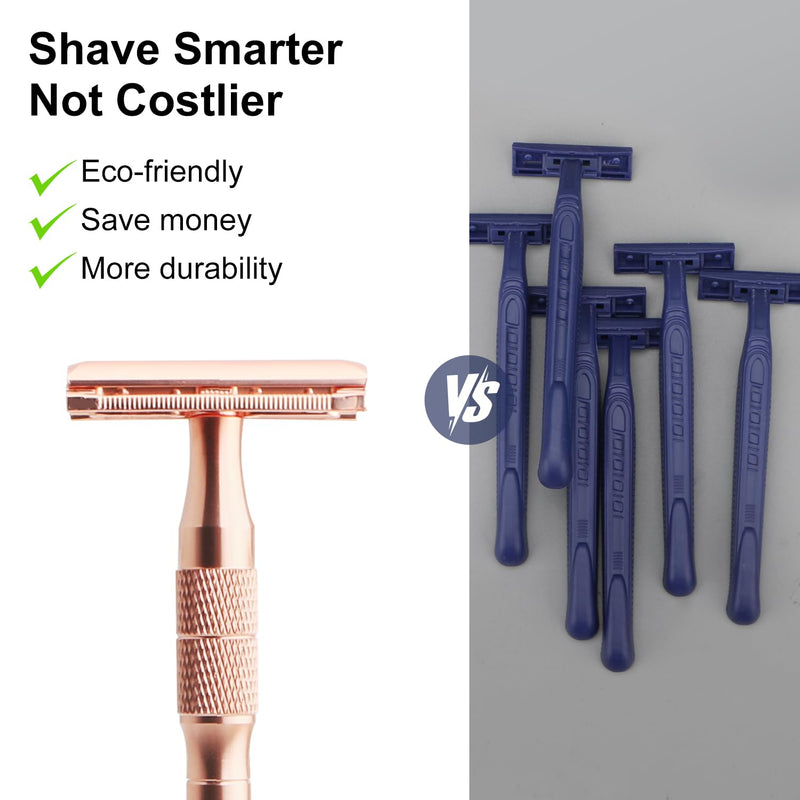 Rose Gold Double Edge Safety Razor with Stand, Single Blade Razors for Women and Men, Reusable Metal Razor, with 10 Double Edge Blades, Smooth & Close Shave, Plastic Free Rose Gold with Stand