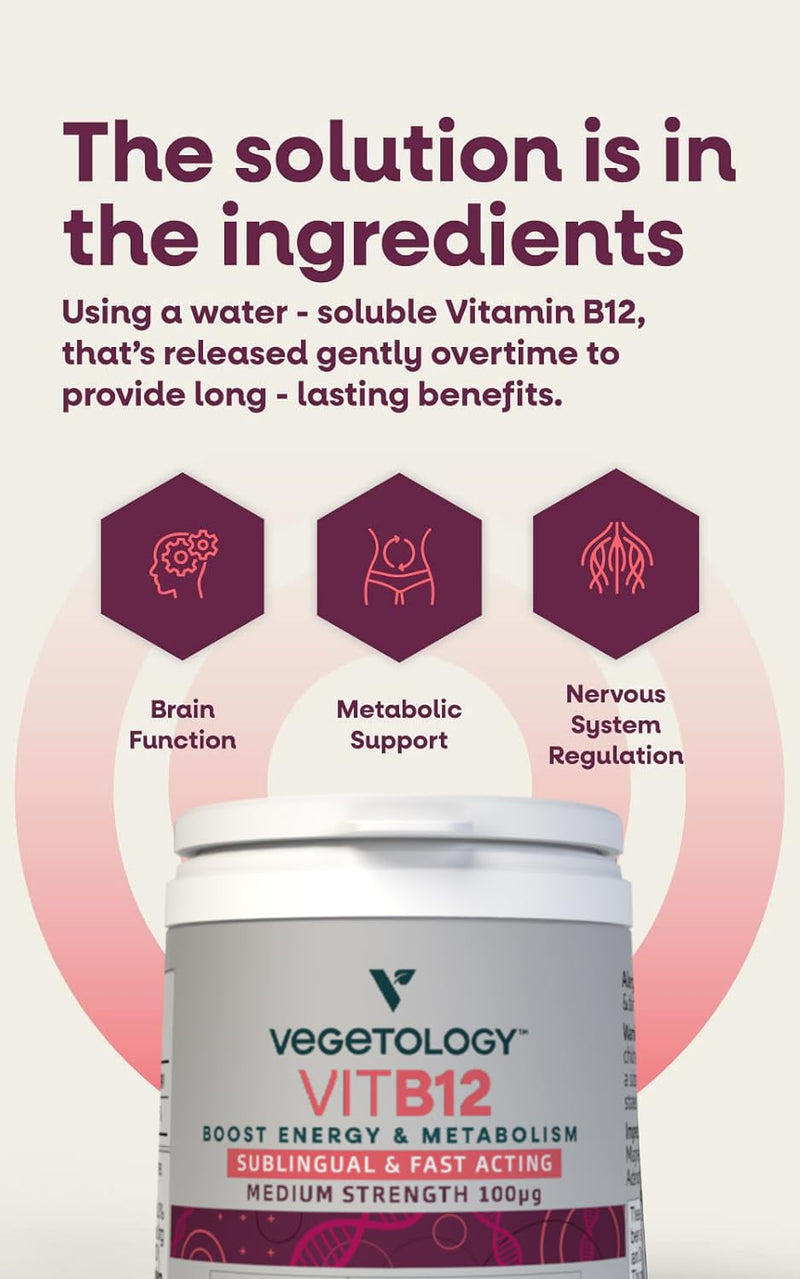 Vegetology Vitamin B12 Sublingual, 100mcg, Fast Acting Tablets, Cruelty Free, Fermented Source, Vegan Friendly, Boosts Energy and Supports Brain Function, 60 Day Supply