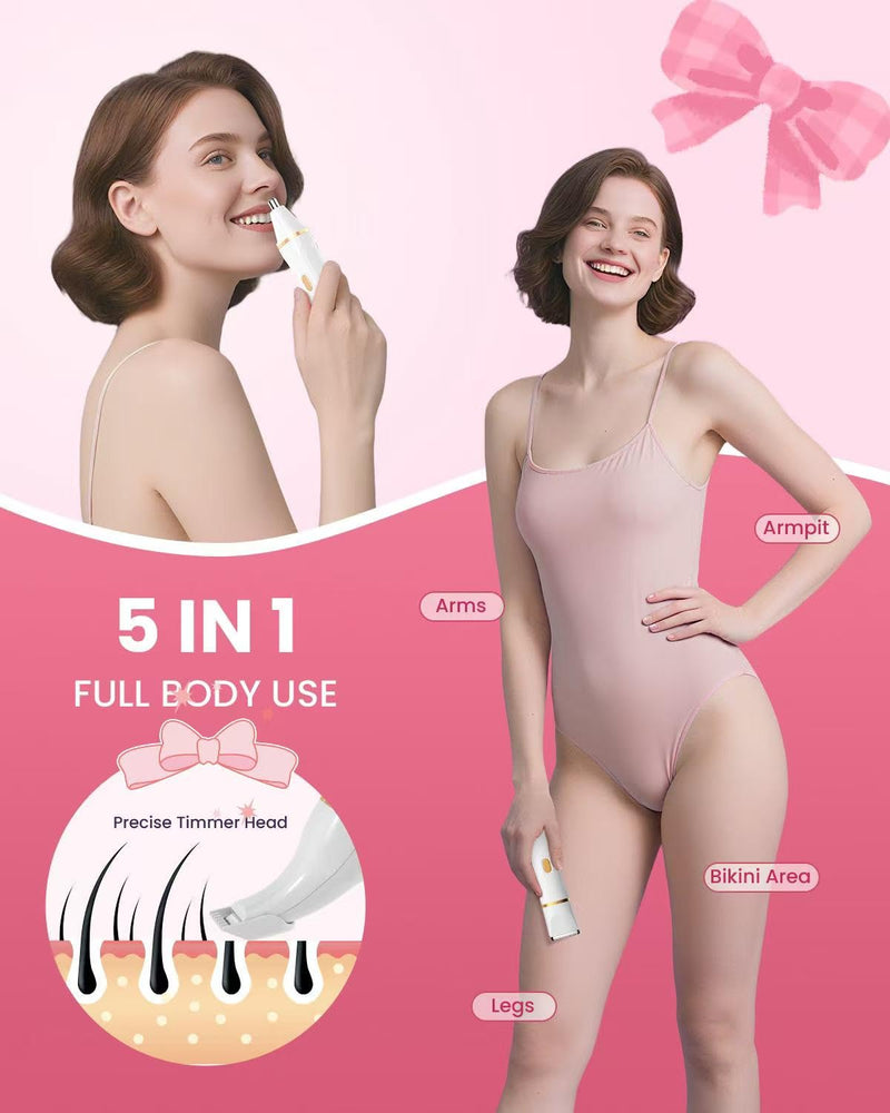 Bikini Trimmer for Women - 5 in 1 Electric Razors for Ladys Pubic Facial Nose Body Leg Hair Removal, Waterproof Electric Shaver for Women Private Area Sensitive Skin, Personal Hair Trimmer White