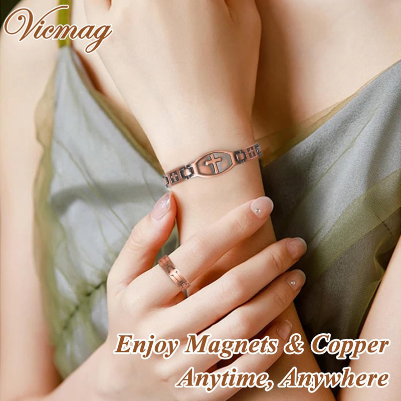 [Australia] - Vicmag Copper Magnetic Bracelet for Women 99.9% Solid Pure Copper Strong Magnets Jewelry Gift Adjustable Length Classic Cross 