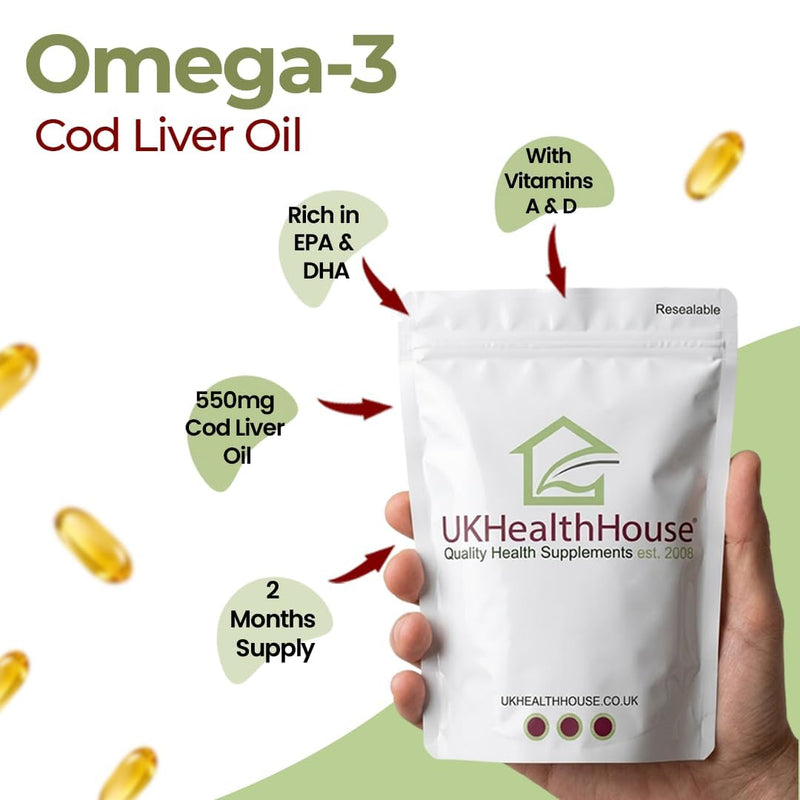 UKHealthHouse High Strength Cod Liver Oil Vitamin A & D, EPA, DHA Softgels 550mg (240 Capsules)