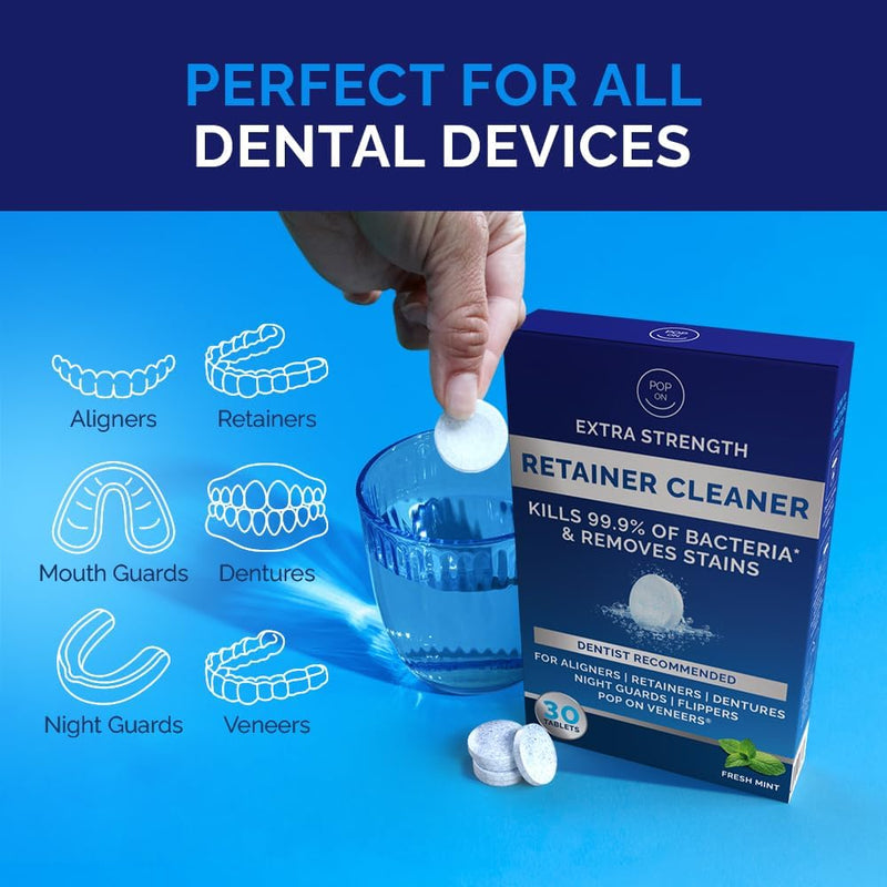 [Australia] - Retainer Cleaning Bundle by Pop On - 30 Retainer Cleaner Tablets, 1 Aligner Cleaner Fresh Foam, 1 Soft Bristle Toothbrush, 1 Mirror Case for Mouth Guards, Night Guards, Invisalign, Veneers, Dentures 