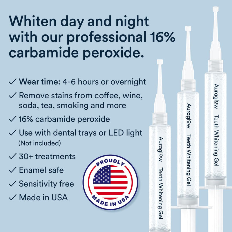 [Australia] - Auraglow 16% Overnight Teeth Whitening Gel Syringe Refills, 16% Carbamide Peroxide, Overnight Teeth Whitening Gel, 30 Whitening Treatments, (3) 5mL Whitening Gel Syringes, Contains Potassium Nitrate 