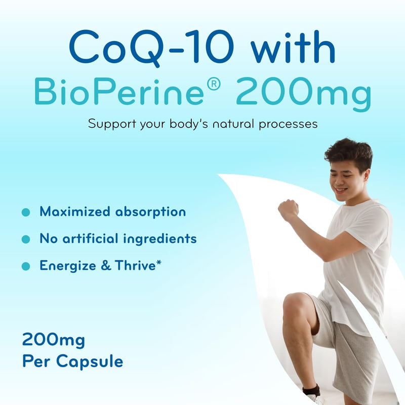 CoQ10 200mg with BioPerine - Enhanced Absorption Coenzyme Q10 200mg Potent Antioxidant for Heart Energy and Aging Support - High Stability CoQ10 Ubiquinone Caps - Made in a cGMP US Lab (200 Servings)