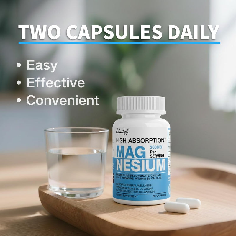 Chelated Magnesium Bisglycinate 200mg with L-Theanine, 60 Capsules | With Calcium & Vitamin B6 (P5P), Designed for a Calm Evening Routine and Normal Muscle Function 60 Count (Pack of 1)