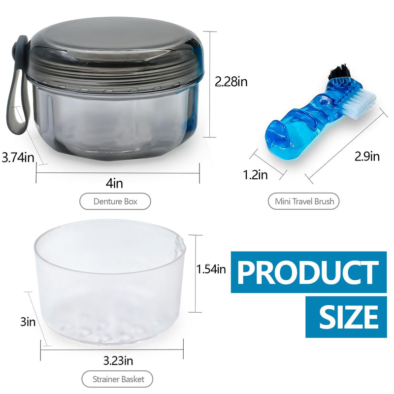[Australia] - Leak Proof Denture Cups for Soaking Dentures, Partial Denture Bath Case Travel Retainer Cleaning Container Case with Brush for Aligner, Denture, Mouth Guard - Transparent Black 