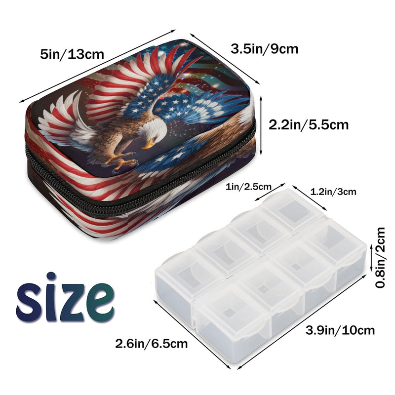 Eagle Travel Pill Organizer Box with Zipper Weekly Portable Pill Case | Flag Patriotic Daily Pills 7 Day Small Birth Control Pills Container Removable Compartments for Medicine Vitamins Fish Oil A American Flag Independence Day