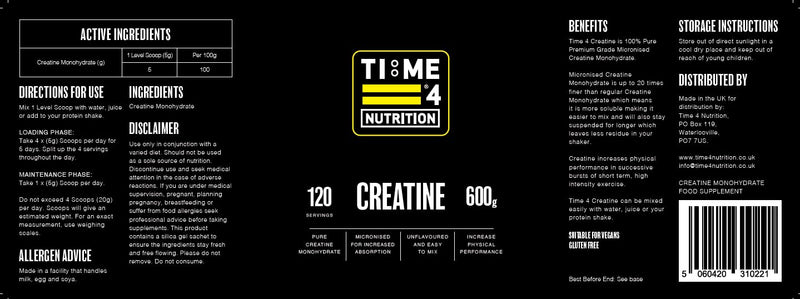Time 4 Creatine Powder 600g - 120 x 5g Servings - Micronised Creatine Monohydrate Powder, Unflavoured 100% Pure Premium Grade Creatine Monohydrate, Easy to Mix, Vegan Friendly, Gluten Free, No Filler 600 g (Pack of 1)
