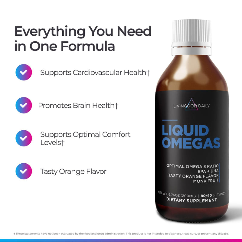 Livingood Daily Liquid Omega 3 Fish Oil, EPA & DHA Supplement, 200ml | TG Fish Oil, Heart Joint Brain Support, Fast Absorbing, Non GMO, Gluten Free, Made in USA, Orange Flavor, 80/40 Servings