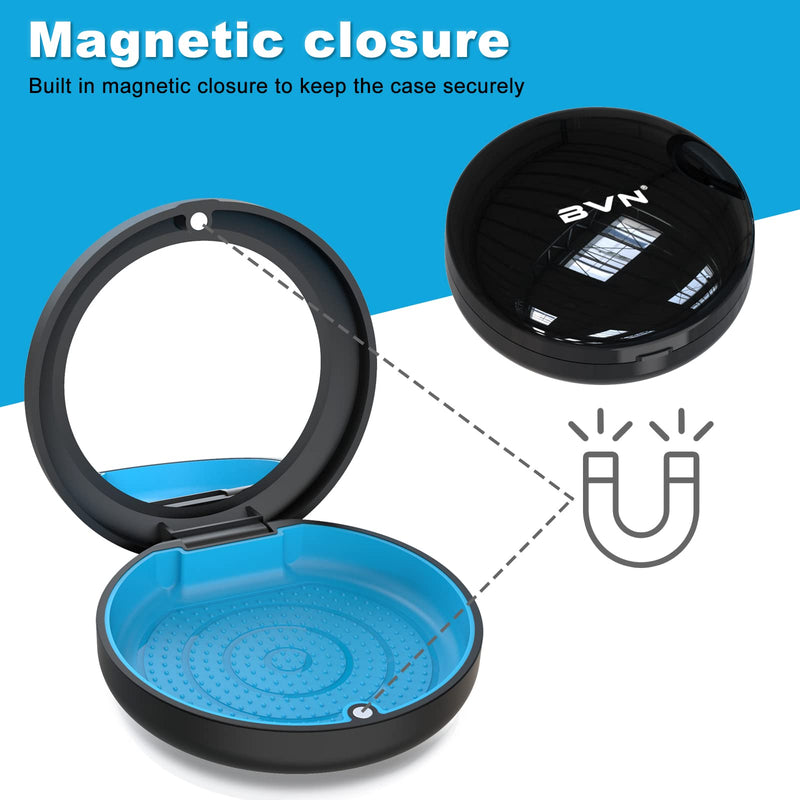 BVN Retainer Case with Mirror Denture Case Orthodontic Dental Case, Braces Case, Mouth Guard Case, Teeth Aligner Case, Night Guard Case Container Storage Holder Black. Circular case with mirror Black Shell+blue Silicone Pad