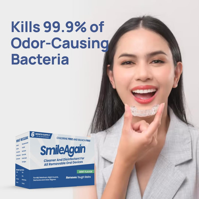 SmileAgain Retainer Cleaner - 180-220 Cleanings 22 Pack/6 Month Supply - for Clear Aligners, Dentures, Mouth Guards & Night Guards - Our Oral Appliance Cleaner & Denture Care Powder - Mint Flavored 6 Month Supply