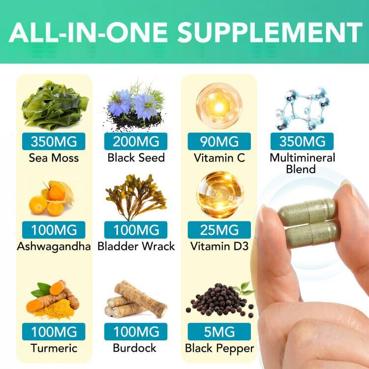 Sea Moss Black Seed Oil Capsules with Ashwagandha, Turmeric, Burdock Root, Bladderwrack, Vitamin C & Vitamin D3, Dietary Supplement, 120 Capsules