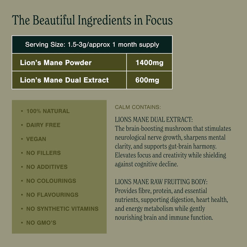 Focus – Premium Lion's Mane Powder, Whole-Mushroom Fruiting Body & Dual Extract | 2,000mg per 2g Serving | 60g Glass Jar | UK-Made, Vegan, Gluten Free