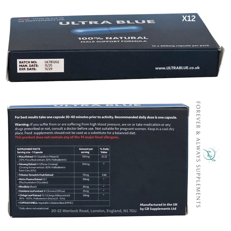 12 X Ultra Blue for Men high Strength Bundle, 100% Natural Supplement for Men! Male Support Formula! 7 Powerful Ingredients Maca, Korean Ginseng & More