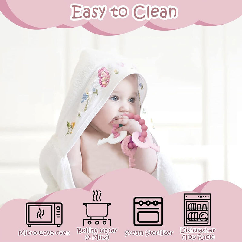 [Australia] - Baby Teething Keys Toys 3 to 12 Months,Infants Toddler Sensory Chew Toys,Teether Toys for Baby Girl-Soft & Raised Texture to Soothe Gums,BPA Free (Pink) Pink- 