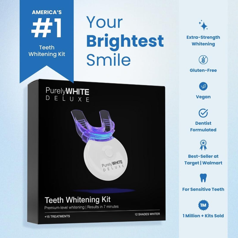 PurelyWHITE DELUXE Teeth Whitening Kit, Complete LED Teeth Whitening, 15+ Treatments, (3) 3ml Whitening Gel Syringes, Whiter Smile in 7 Minutes 0.2 Fl Oz (Pack of 5)