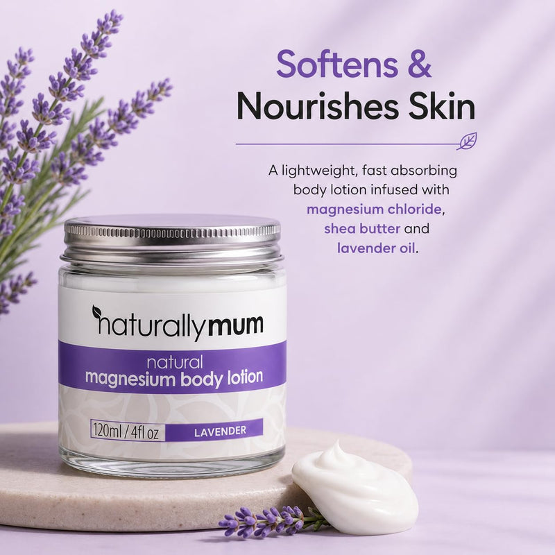 NaturallyMum - Magnesium Body Lotion [NATURAL & VEGAN] - Topical Magnesium Chloride Cream Lotion Support for Sleep, Bone, Heart & Muscle Health - Lavender - Made in UK & Safe for Kids 4 Fl Oz (Pack of 1)